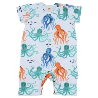 Strampler Bio-Baumwolle Orange - Walkiddy Funny Octopuses, 95% Baumwolle, Nachhaltig, Kurzarm, Umweltfreundlich, GOTS-zertifiziert