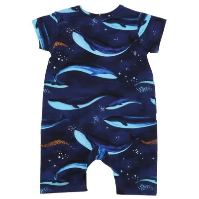 Walkiddy Bio-Baumwoll-Strampler mit kurzem Arm - Whaley's Song in Dunkel Blau - GOTS zertifiziert