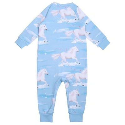 Walkiddy Eco-friendly Blauer Strampler White Horses - Langarm, Allergiker Geeignet - GOTS zertifiziert