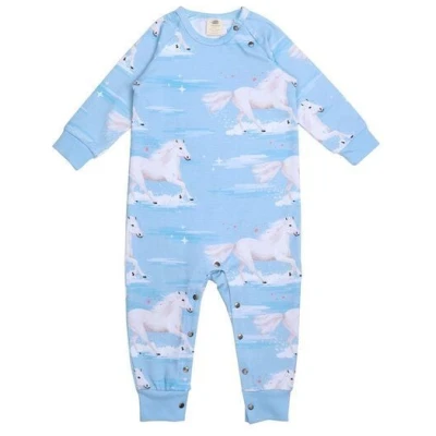 Walkiddy Eco-friendly Blauer Strampler White Horses - Langarm, Allergiker Geeignet - GOTS zertifiziert