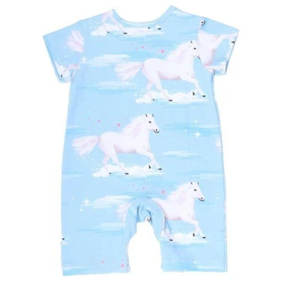 Walkiddy White Horses Blauer Öko-Strampler Kurzarm - Kinder Bio Mode für Nachhaltigkeit - GOTS zertifiziert