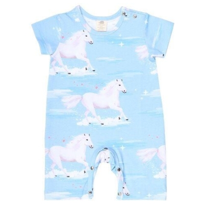 Walkiddy White Horses Blauer Öko-Strampler Kurzarm - Kinder Bio Mode für Nachhaltigkeit - GOTS zertifiziert