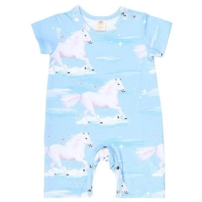 Walkiddy White Horses Blauer Öko-Strampler Kurzarm - Kinder Bio Mode für Nachhaltigkeit - GOTS zertifiziert
