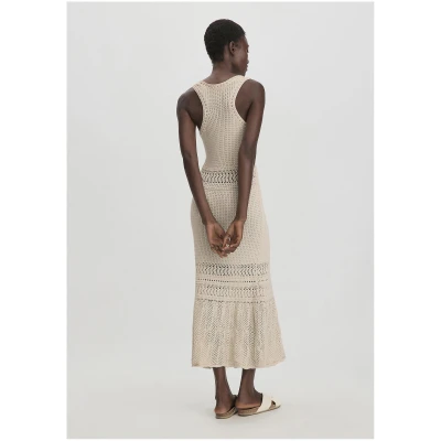 hessnatur Damen Ajour Strick Kleid Midi Fitted aus Bio-Baumwolle - beige - Größe 34