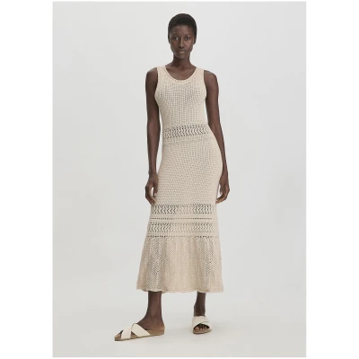 hessnatur Damen Ajour Strick Kleid Midi Fitted aus Bio-Baumwolle - beige - Größe 34