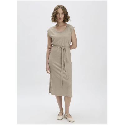 hessnatur Damen Jersey Kleid Midi Relaxed aus Bio-Baumwolle mit Leinen - beige - Größe 34