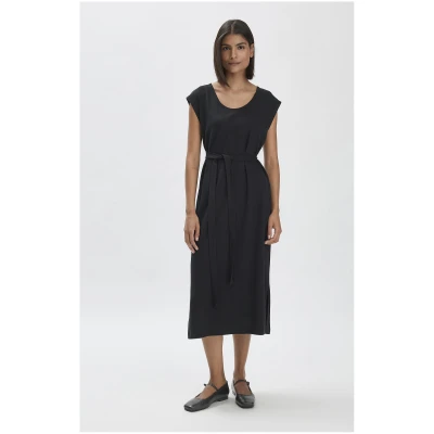 hessnatur Damen Jersey Kleid Midi Relaxed aus Bio-Baumwolle mit Leinen - schwarz - Größe 34