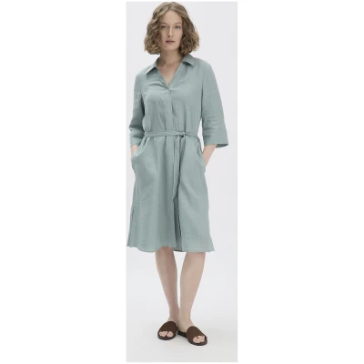 hessnatur Damen Kleid Knielang Relaxed aus Leinen - grün - Größe 34