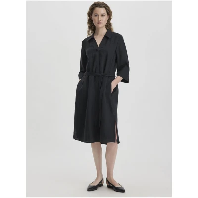 hessnatur Damen Kleid Knielang Relaxed aus Leinen - schwarz - Größe 34