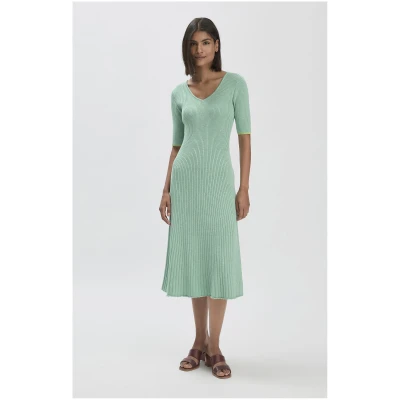 hessnatur Damen Mouliné Strick Kleid Midi Fitted aus Bio-Baumwolle - grün - Größe 34