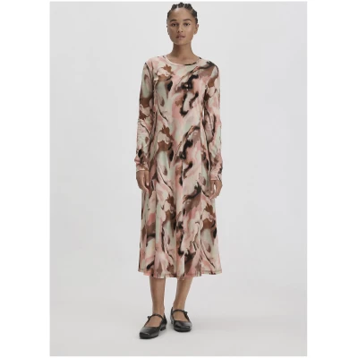 hessnatur Damen Print Premium Light Jersey Kleid Midi Slim aus Bio-Baumwolle - braun - Größe 34