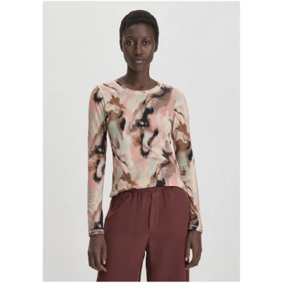 hessnatur Damen Print Premium Light Jersey Longsleeve Slim aus Bio-Baumwolle - braun - Größe 34
