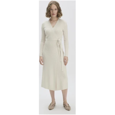 hessnatur Damen Rib Strick Kleid Midi Fitted aus Bio-Baumwolle - beige - Größe 34