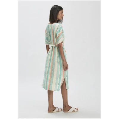 hessnatur Damen Streifen Kleid Midi Relaxed aus Leinen - grün - Größe 34