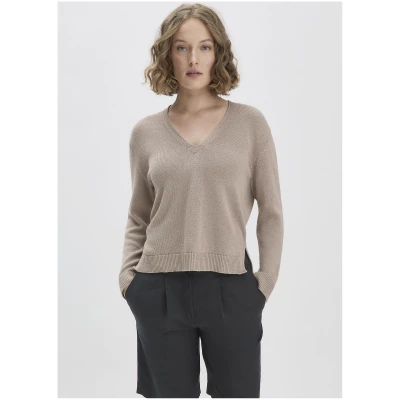hessnatur Damen Strick Pullover Relaxed aus Bio-Baumwolle mit edlem Leinen - beige - Größe L