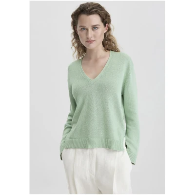 hessnatur Damen Strick Pullover Relaxed aus Bio-Baumwolle mit edlem Leinen - grün - Größe L