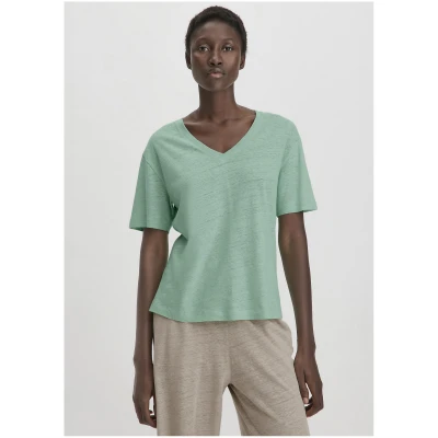 hessnatur Damen T-Shirt Oversize aus Leinen mit reiner Bio-Baumwolle - grün - Größe 34