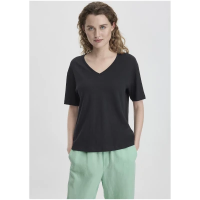 hessnatur Damen T-Shirt Oversize aus Leinen mit reiner Bio-Baumwolle - schwarz - Größe 34