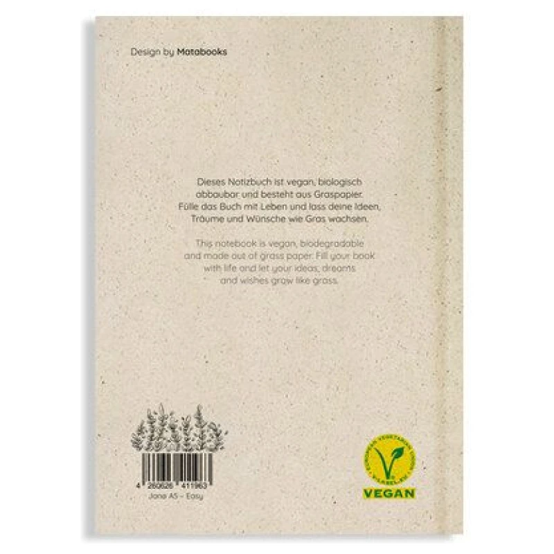 matabooks® Nachhaltiges A5 Notizbuch/Tagebuch/Skizzenbuch aus Graspapier - Jana