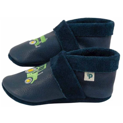 Baby und Kinder Lederpuschen Krabbelschuhe Trecker mit Anhänger blau Gr.18/19