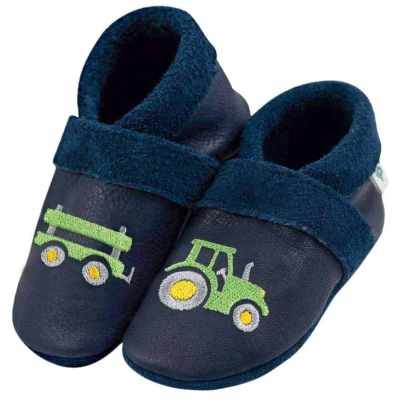 Baby und Kinder Lederpuschen Krabbelschuhe Trecker mit Anhänger blau Gr.18/19