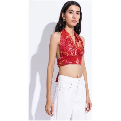 Chiffon Floral Halter Neck Crop Top - Red