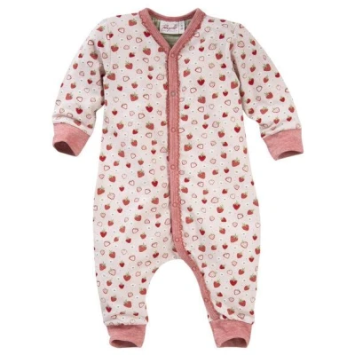 People Wear Organic Langarm-Overall, Strampler, hellrosa mit Druck "Erdbeeren", aus Bio-Baumwolle