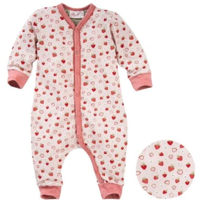 People Wear Organic Langarm-Overall, Strampler, hellrosa mit Druck "Erdbeeren", aus Bio-Baumwolle