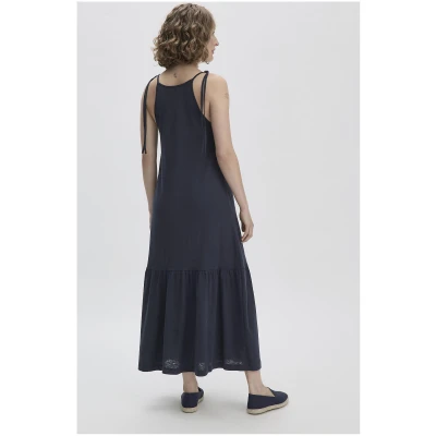 hessnatur Damen Jersey Kleid Midi Relaxed aus Leinen und Bio-Baumwolle - blau - Größe 34