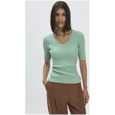 hessnatur Damen Mouliné Strick Pullover Fitted aus Bio-Baumwolle - grün - Größe 34