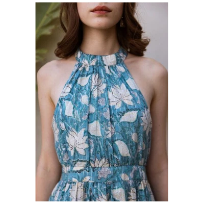 Haus of Namaste Maxikleid aus Bio-Baumwolle mit Lurex - handbedruckt & mit Halterneck