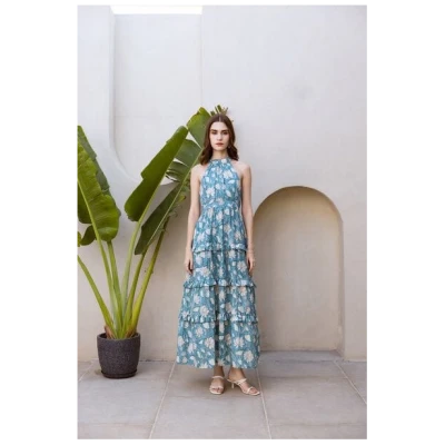 Haus of Namaste Maxikleid aus Bio-Baumwolle mit Lurex - handbedruckt & mit Halterneck