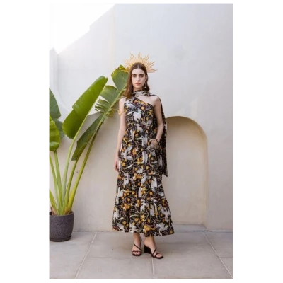 Haus of Namaste OnesMaxikleid aus Bio-Baumwolle- One-Shoulder mit abnehmbarer Schleppe & handbedruckt