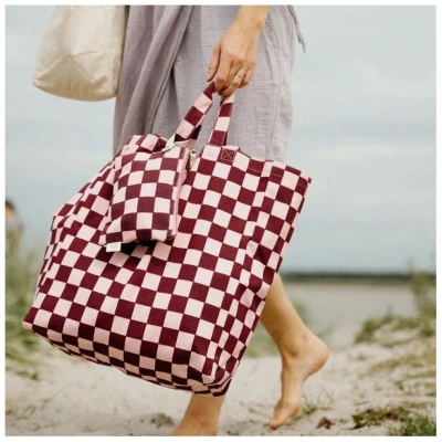 OMOM Einkaufstasche | Strandtasche | Tragetasche aus Bio-Baumwolle kariert bordeaux-rosa