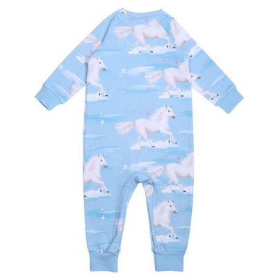 Walkiddy Eco-friendly Blauer Strampler White Horses - Langarm, Allergiker Geeignet - GOTS zertifiziert
