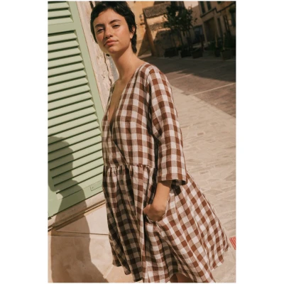 AmourLinen Damen vegan Kleid Daphne Mocha Gingham