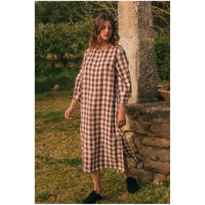 AmourLinen Damen vegan Kleid Lang LÃ¤nge Amalia Mocha Gingham