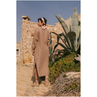 AmourLinen Damen vegan Kleid Lang LÃ¤nge Amalia Rosy Braun