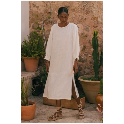 AmourLinen Damen vegan Kleid Lang LÃ¤nge Amalia Weiß
