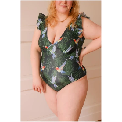 Averie Damen vegan Badeanzug Plunge One-Piece Kit Hummingbird Print On Black