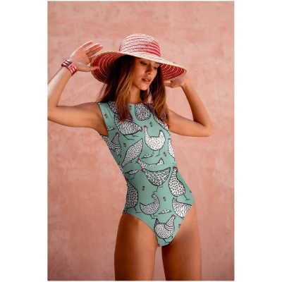 Averie Damen vegan Badeanzug Zip Up One-Piece Annelise Hen Print On Celeste TÃ¼rkis