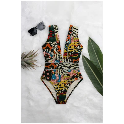 Averie Damen vegan Deep Plunge One-Piece Wilde Print Auf Schwarz | Harlow