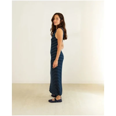 Clotsy Damen vegan Kleid Gerippt Sailor Blau