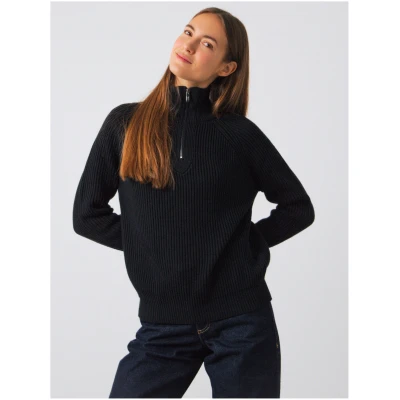 Honest Basics Damen vegan Half-Zip Pullover Strick Schwarz