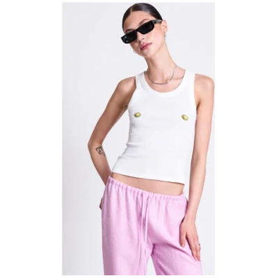 JAN 'N JUNE Damen vegan Bedrucktes Tank-Top Amager Weiß-Oliv