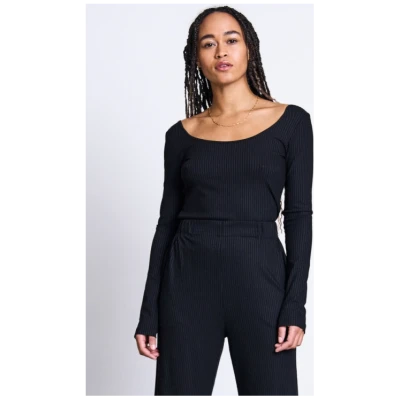 JAN 'N JUNE Damen vegan Longsleeve Scoop Rib Schwarz