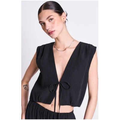 JAN 'N JUNE Damen vegan Top Crinkle Krawatte Stroget Schwarz