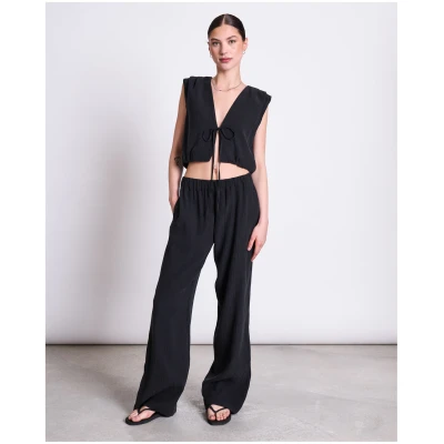 JAN 'N JUNE Damen vegan Top Crinkle Krawatte Stroget Schwarz