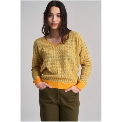 KOMODO Damen vegan Strickpullover Pointelle Gelb