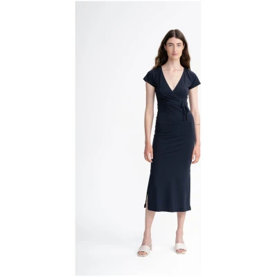 MELA Damen vegan Kleid V-Ausschnitt Shreoshi Marineblau
